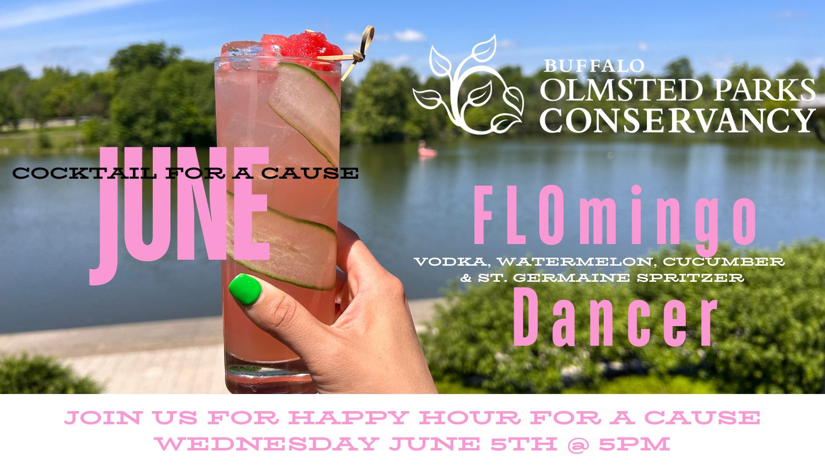 Flyer showing a pink cocktail with a lake in the background. Text reads Cocktails for a Cause June 2024, FLOmingo Dancer
