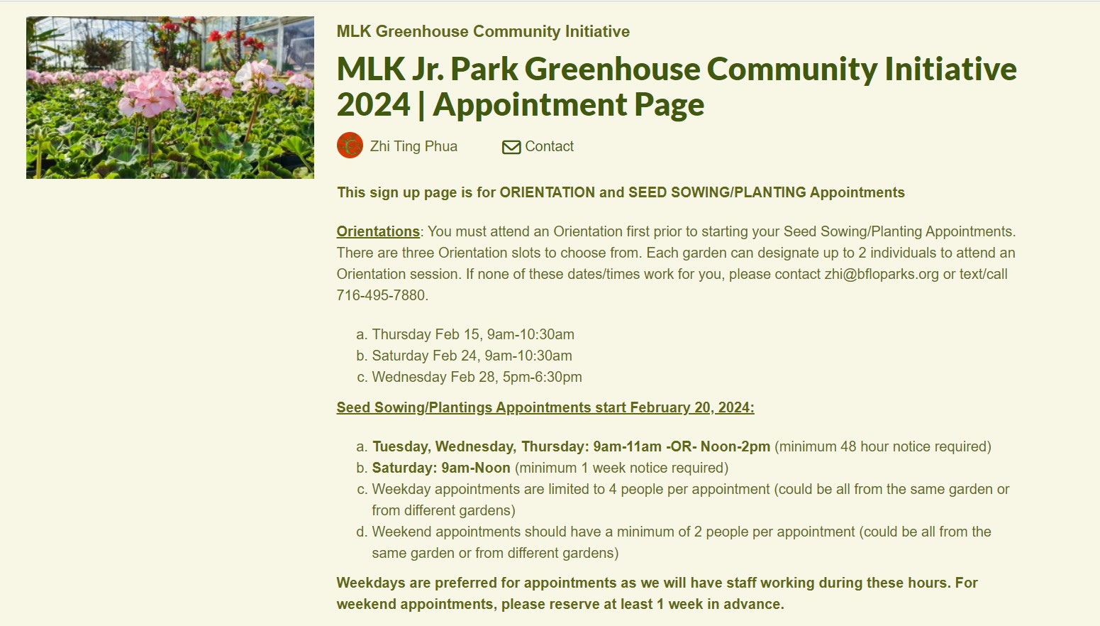 Screenshot of the MLK Jr Park Greenhouse appointment page