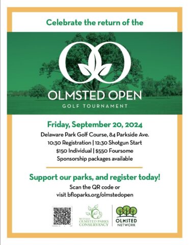 Flyer of Olmsted Open. Celebrate the return of the Olmsted Open. The Mighty Oak tree is in the background with green bar over, and logo of Olmsted Open over the green bar. To find out more call 716-838-1249 ext 22