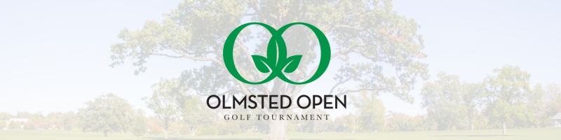 Two green circles connected with two green leaves in the middle. The text below reads Olmsted Open Golf Tournament. The background features a tree in the middle of a parkland