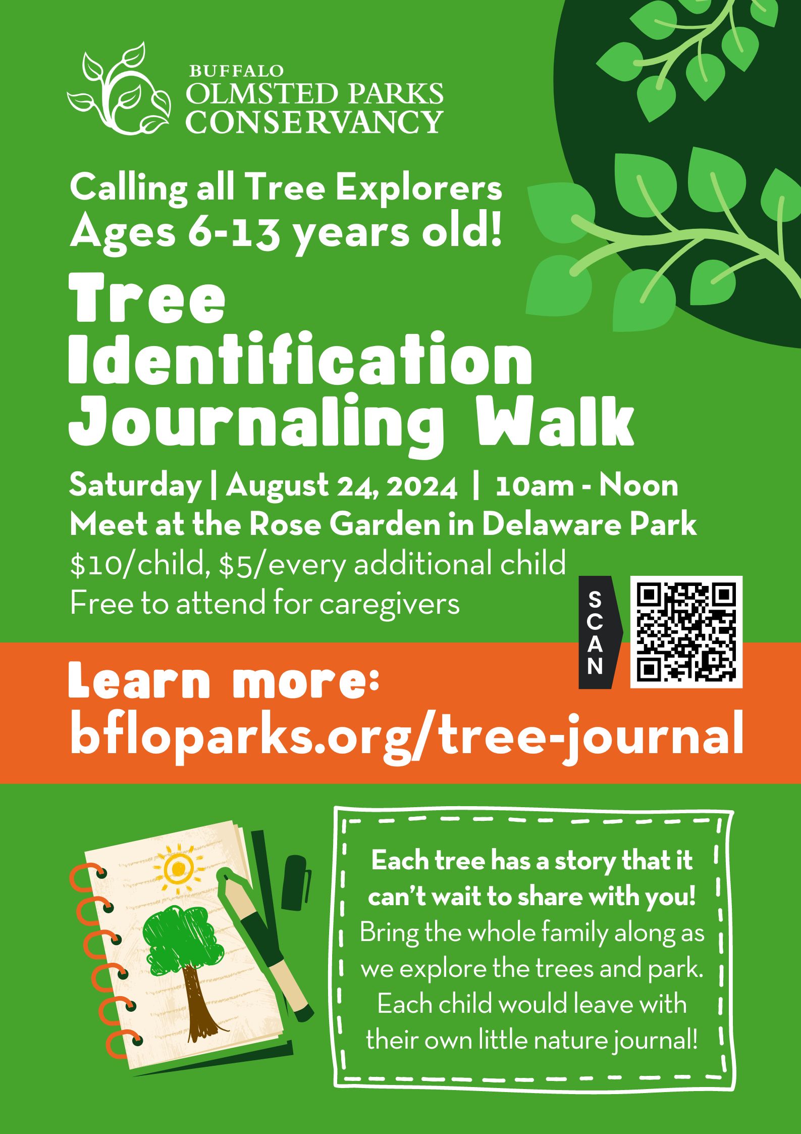 Green background with information on a tree identification journaling walk on August 24, 2024